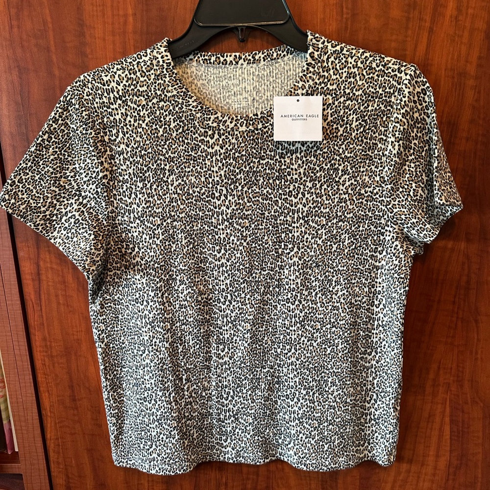 American Eagle Outfitters Women's Short Sleeve Leopard Top - Black and White
